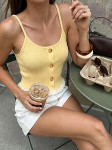 Women's Yellow Ribbed Knit Camisole, Tie-Front Ruffle Trim Camisole, Casual Cropped Tank Top For Summer - Yellow - View 6