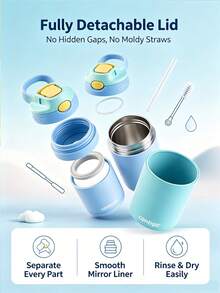Kids Stainless Steel Vacuum Insulated Water Bottle, Leakproof Pop Up Straw Tumbler With Carry Handle, Cartoon Pattern Thermal Cup For Toddler School Outdoor - Blue - View 7