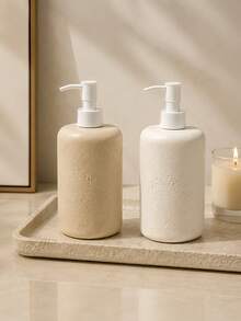 1pc Press-Type Soap Dispenser, Creamy Travertine-Style Texture, Square Or Round Refillable Shampoo Dispenser, Neutral Earth-Tone Bathroom Accessory, Suitable For Shower Areas And Vanity Countertops. - White Pump Head - View 2