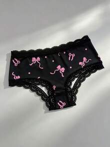 ROMWE Kawaii 3PCS Pink Star Polka Dot Bow Tie Tie-Up Print Pattern Black Lace Patchwork Y2K Sweet Style Comfortable Women's Triangle Panties - Multicolor - View 3