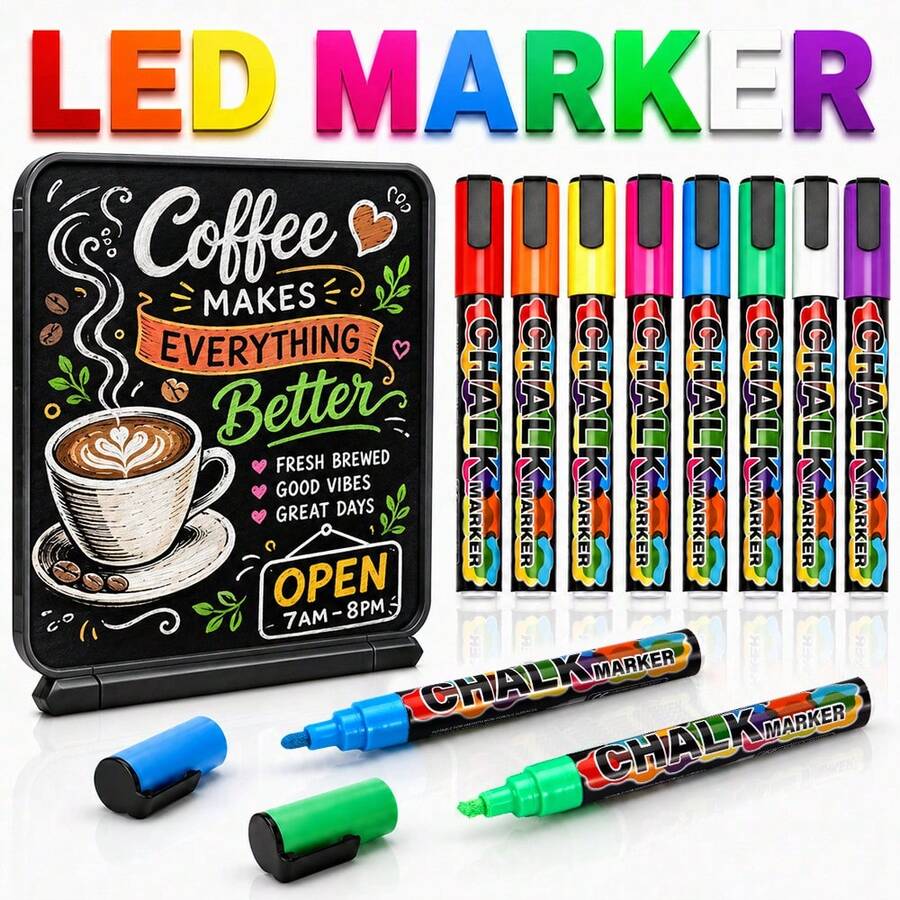 1pc 6/8/12/24 Colors Washable & Wet-Wipe Liquid Chalk Markers, Suitable For Blackboard, Blackboard Sign, Whiteboard, LED Glass Window, First Day Of School - Multicolor - View 1