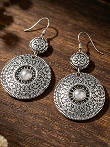 1 Pair Bohemian Vintage Double Round Carved Ear Hooks, Sunflower Totem Large Round Disc Earrings - Silver - View 4