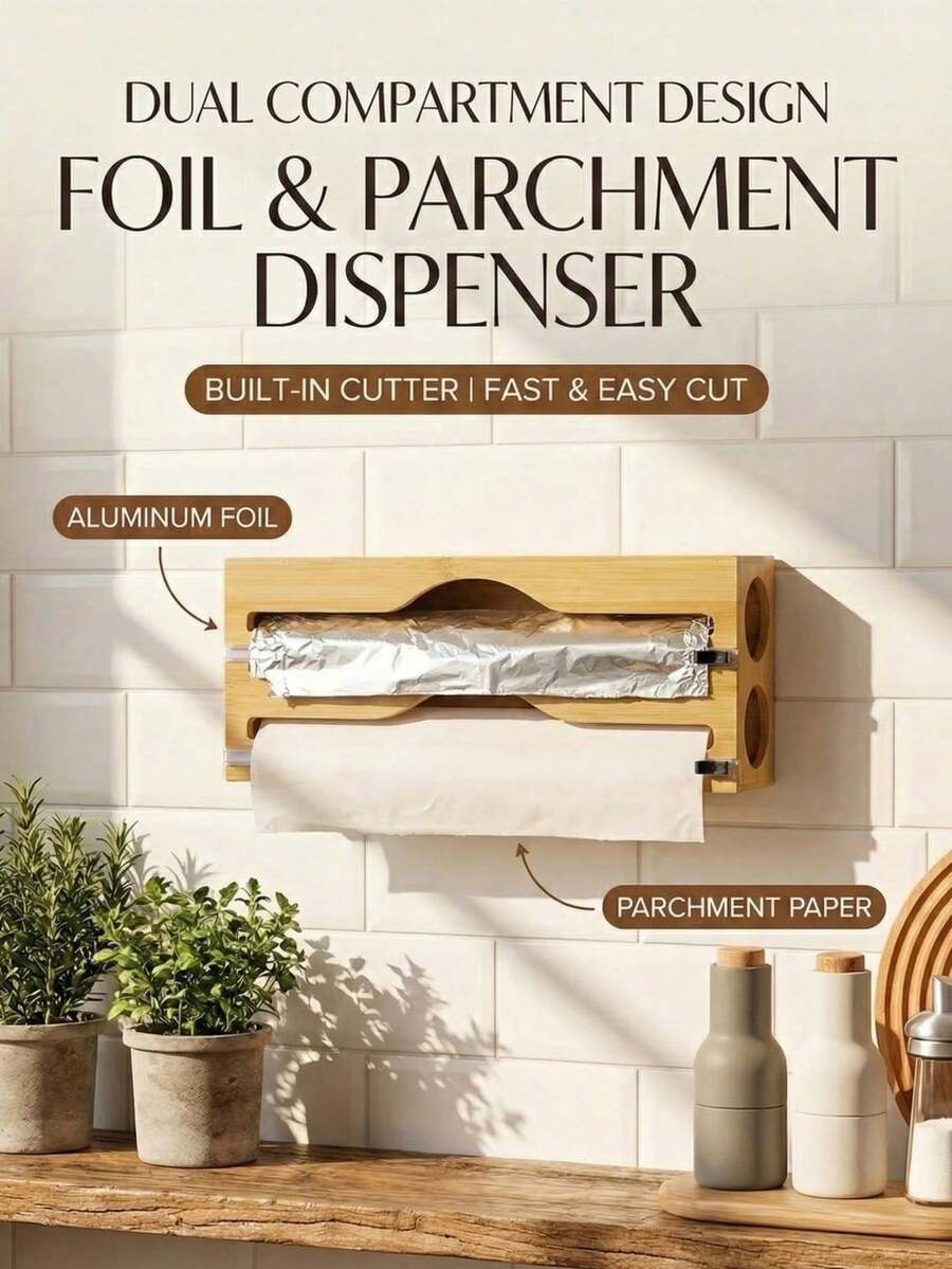 1 Piece: Cling Film Cutter, Wall-Mounted Bamboo And Wood Kitchen Storage Rack, Foil Box And Paper Towel Holder, Two-Way Sliding Blade Multi-Layer Organizer, 2-Layer And 3-Layer Options, With Hanging Rod. - View 1