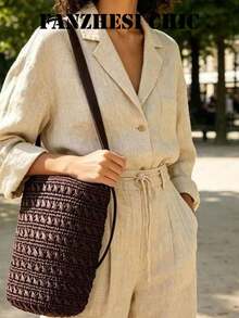 Textured Crochet Bucket Shoulder Bag, Wide Smooth Strap Woven Shoulder Bag With Roomy Interior For Outdoor Daily Walks - Coffee - View 6