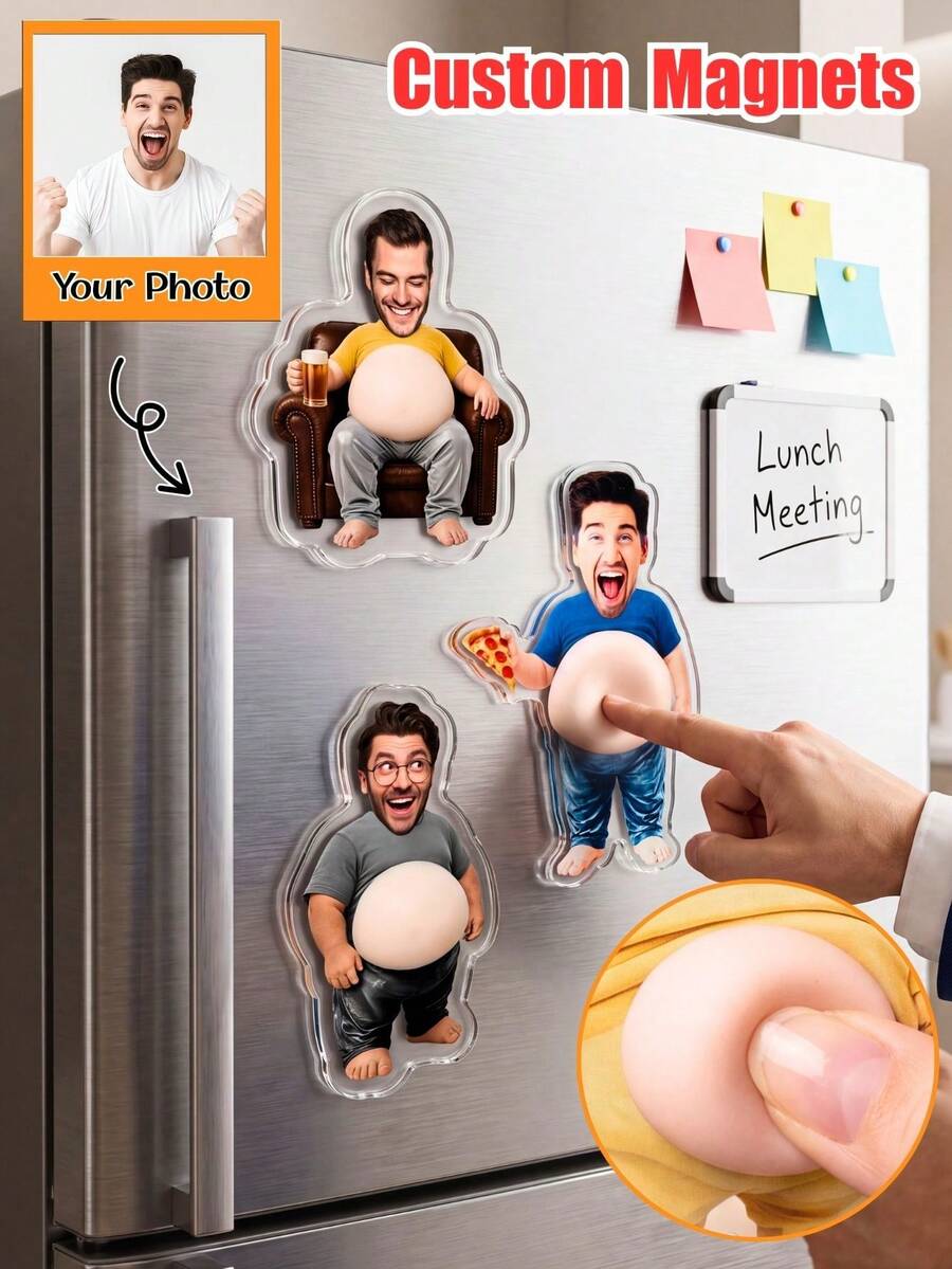 1/3/5pcs Customized Funny Face Acrylic Fridge Magnets, Quirky Photo Gift, Cute Decorative Fridge Magnets, Unique Personalized Face Magnets, Acrylic Big Belly Fridge Magnets, Prank Funny Birthday Gift For Friends, Couples, Dad, Boyfriend - Multicolor - View 1