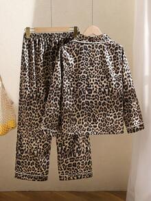 Tween Girl Cute Leopard Print Lapel Long Sleeve Long Pants Pajama Set, Toddler Loungewear Set - Multicolor - View 3