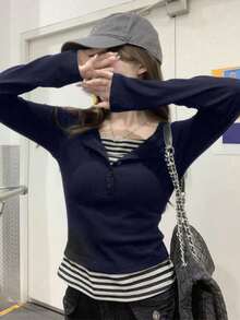 韓式修身對比色條紋拼接鈕扣設計女款內搭T恤上衣休閒風 - 藏蓝色 - 查看 1