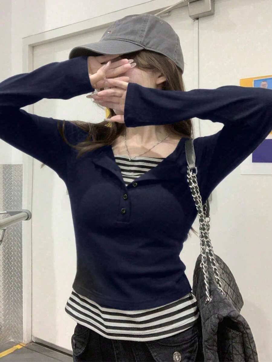 韓式修身對比色條紋拼接鈕扣設計女款內搭T恤上衣休閒風 - 藏蓝色 - 查看 1