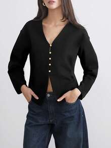 Women's Spring/Autumn Elegant Fashion Solid Color Front Button Long Sleeve Minimalist Casual Jacket - Black - View 3
