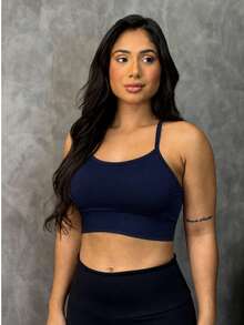 Dark Navy Blue Cropped Top With Strappy Straps, Crossed Back, No Transparency, Removable Padding - Navy Blue - View 1