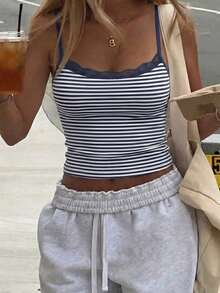 Vaiaye 女款時尚內衣風上衣，夏季條紋印花圓領修身休閒度假性感細肩帶背心，適合秋季返校、海灘及日常穿著 - 藍白條紋 - 查看 8
