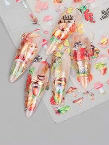 2入秋季3D自黏式美甲貼紙，紅色斑點蘑菇、南瓜、松鼠、小矮人、橡實、楓葉、Hello Autumn文字滑片，暖色豐收美甲裝飾，感恩節DIY沙龍居家美甲配件 - 彩色 - 查看 5