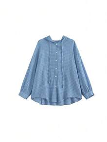 New Autumn Lazy Versatile Hooded Plaid Shirt, Autumn Outfit - Blue - View 2