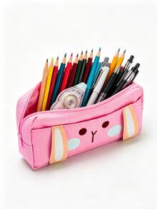 1pc Cute Rabbit Face Canvas Stationery Bag, Large Capacity Student Stationery Storage Pouch - A - View 1