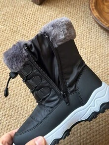 兒童雪地靴，男孩女孩通用雪地靴，戶外靴，露營靴，保暖加厚 - 黑色 - 查看 10