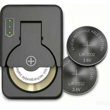 Charger With 2 Included Rechargeable Lir2032 Batteries, Type-C - Black - View 1
