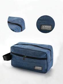 Denim Texture Oxford Toiletry Bag Dual Zipper Multi Pocket Hand Strap Water Resistant Large Capacity Travel Cosmetic Wash Bag Unisex - Blue - View 3