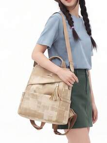 1PC Fashion Classic Canvas Backpack With Textured Fabric And Soft Tassel Pendant, Student Bag With Multiple Compartments, Large Capacity, Can Be Worn As Backpack Or One Shoulder/Crossbody, Lightweight And Burden-Reducing, Suitable For Commuting, Travel, Daily Use, Versatile And Practical Women's Backpack - Multicolor - View 3