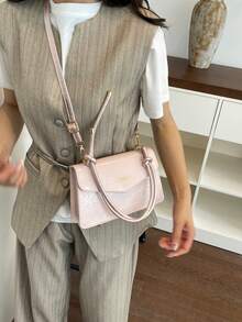 1 pieza Bolso de mano cuadrado pequeño de color rosa sólido de PU para mujeres - Rosa - Ver 2