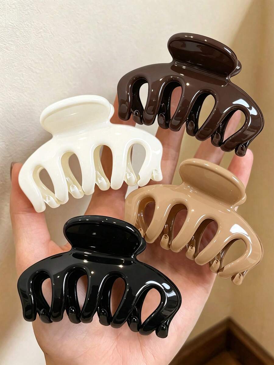 4pcs/1pc Women's 6cm/2.36in Glossy Black/White/Khaki/Brown Bone-Shaped Medium Lightweight Plastic Hair Claw Clips, Fashion Versatile Premium Elegant Minimalist Solid/Gradient Color Hair Accessories For Daily Wear, Casual, Party, Commute, Vacation, Ponytail, Updo, Face Washing, Shower, Makeup, Outfit Matching, Hair Clips - Multicolor - View 1