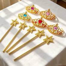 5套金色星星魔杖與愛心皇冠服裝配件組，公主生日派對角色扮演套裝，多色百搭節日裝扮道具 - 金色 - 查看 3