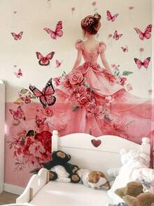 4pcs/Set Pink Silhouette Girl Butterfly Romantic Rose Wall Decal Stickers, Removable Room Decor For Bedroom, Living Room, Girls' Kids Room - 4pcs - View 4