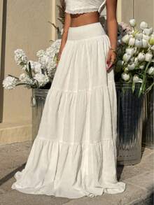 Women's Fashion Vacation Elegant Bohemian Shirred Waist Beach Evening Date Vacation Skirt White Summer - White - View 5