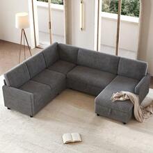 Modern U-Shaped Corner Sofa Bed With Sleeping Function, Pull-Out Sofa Bed, Coarse Corduroy Fabric - 灰色的 - 查看 3