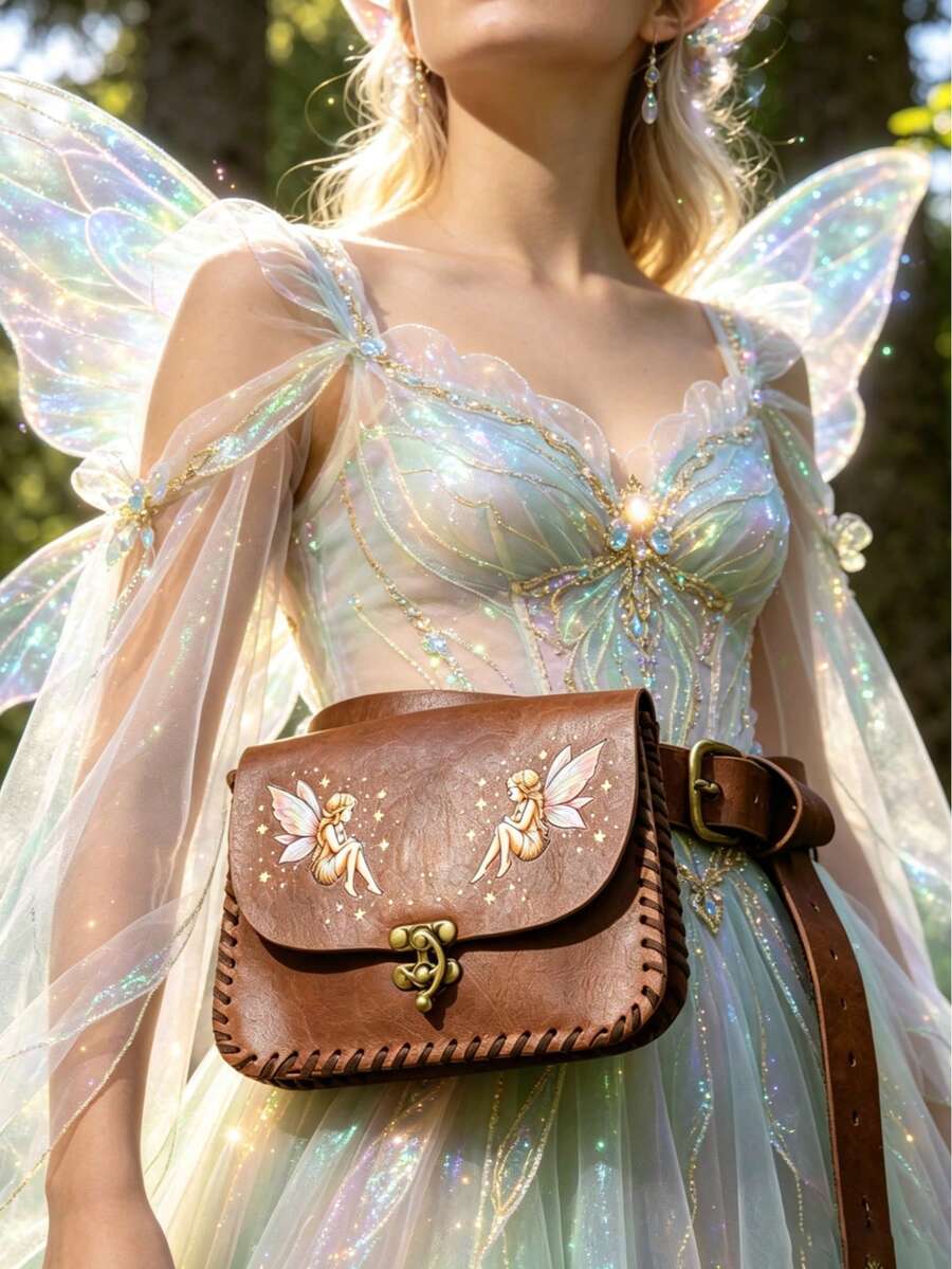Printed Leather Belt Pouch, Vintage Hand Stitched Waist Fanny Pack With Brass Toggle Lock, Fantasy Medieval Fairy Elf Cosplay Small Hip Bag Accessory - Multicolor - View 1
