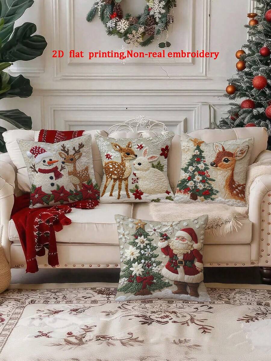 4pcs/Set Faux Embroidery Christmas Animal Pillowcase Set: Santa Claus, Snowman, Deer Shaped Cushion Covers, Suitable For Sofa Home Decor (Pillow Inserts Not Included) - Multicolor - View 1