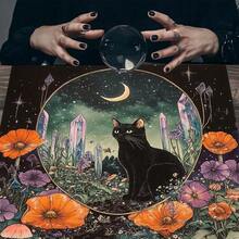 1pc Square Mystical Black Cat Crystal Moon Flower Tarot Altar Cloth Polyester Witchy Divination Table Mat Dual Use Wall Tapestry Cottagecore Aesthetic Room Decor Gift - Multicolor - View 2