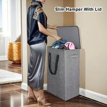 Odonata 75L Slim Laundry Hamper With Lid,Large Foldable Laundry Basket With Removable Bag And Handles Tall Collapsible Dirty Clothes Basket Great For Bedroom, Bathroom, Dorm, College,RV. (Grey, 75L) - ColorC - View 6
