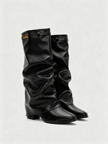 Women's Loose Knee-High Boots, Metal Buckle Wide Shaft Foldable High Boots, Pointed Toe Leather Western Cowboy Boots, Fashion Casual Riding Boots - Black - View 1