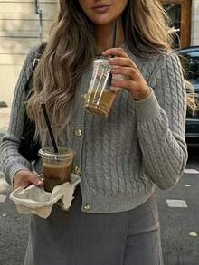 Women's Casual Gray Solid Cable Knit Short Sleeve Cardigan, Gold Button Round Neck Cropped Slim Fit Flattering Vintage Commuter Top - Grey - View 4