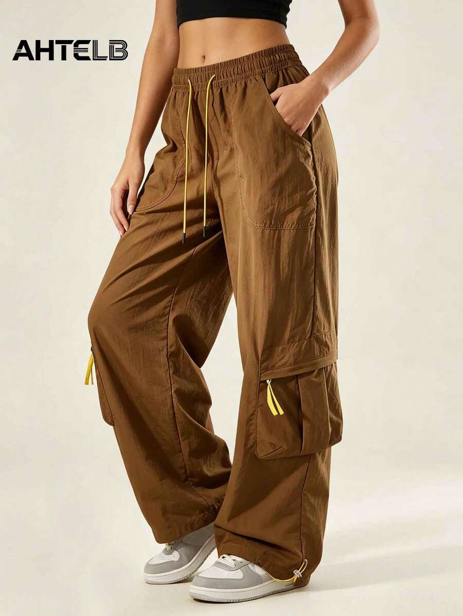 AHTELB Women's Spring/Autumn Outdoor Sports Cargo Pants, And Practical Fall - Brown - View 1