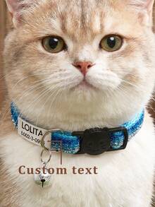 1pc Customized Soft And Adjustable Cat Collar With Breakaway Buckle, Bell And Rhinestones For Small And Medium Sized Pets Daily Wear - Baby Blue - View 1