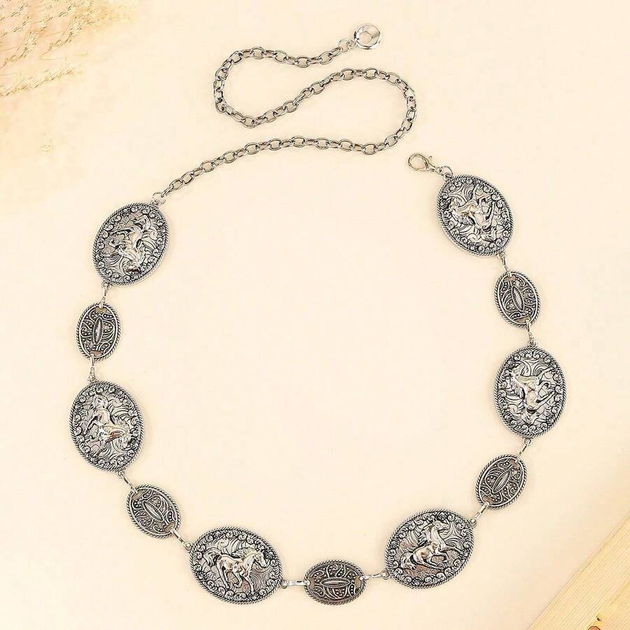1pc Metal Engraved Silver Women's Waist Chain/Belt, Women's Accessory Chain, Suitable For Spring, Summer, Autumn, Winter All Seasons Daily Wear, Suitable For Dress, Casual And Holiday Party - View 1