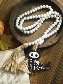1PC Halloween Skeleton Black Cat White Bead Tassel Garland Spooky Gothic Mantel Fireplace Shelf Door Window Decor Indoor Outdoor Bar Cafe Holiday Party Entryway Gallery Front Porch Photo Backdrop Wall Hanging Ornament Decoration - Style 1 - View 6