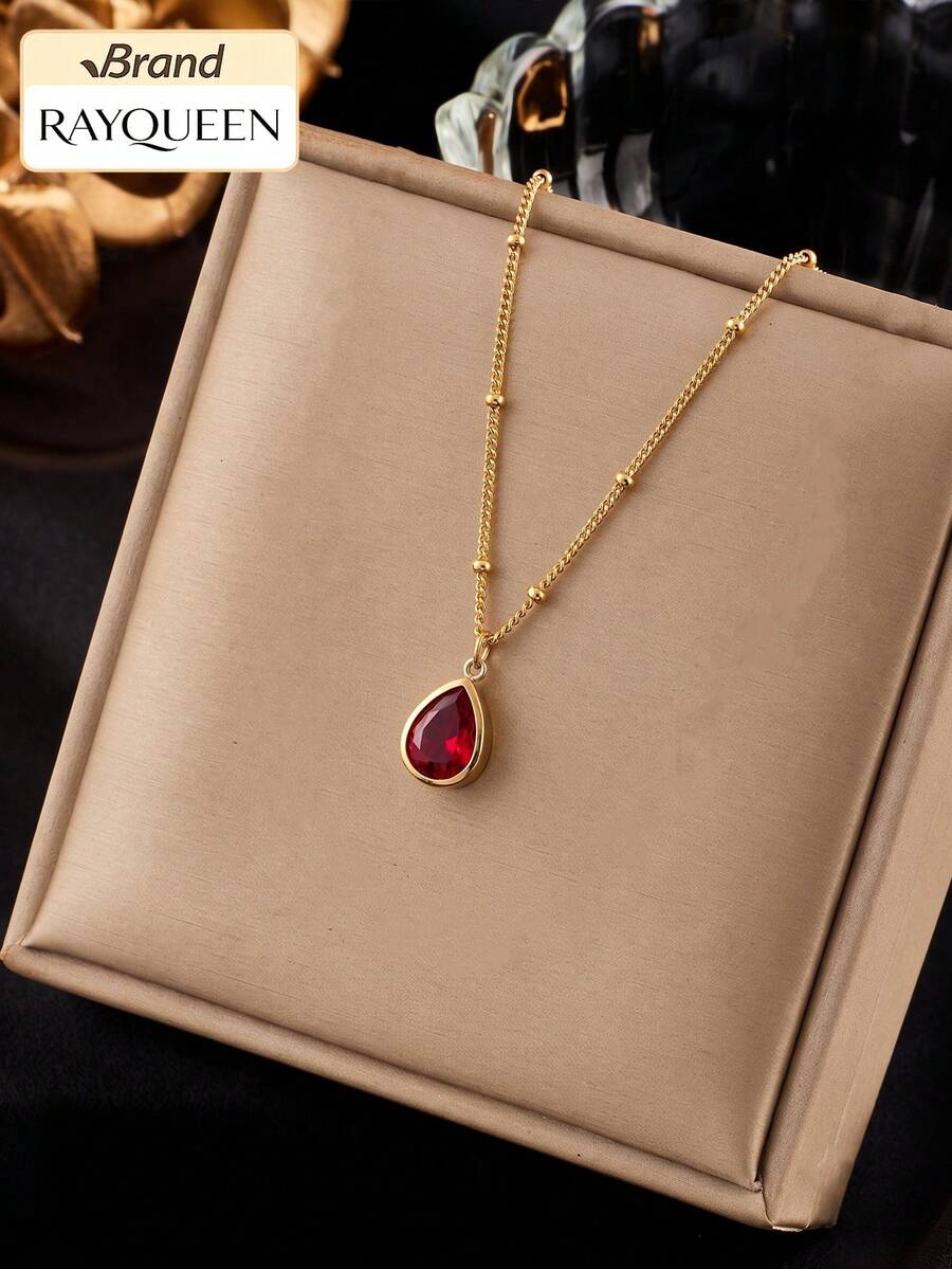 RAYQUEEN 1PC Women's Gold Water Drop Red Zirconia Stainless Steel Bead Pendant Necklace Fashion Jewelry 18K Gold Plated - Red - View 1