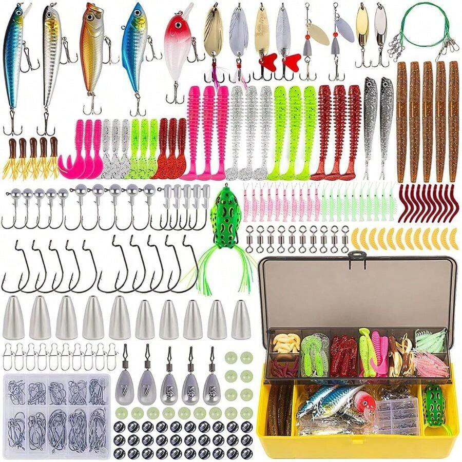 Kit de 302 señuelos de Pesca, Cebo Duro Artificial con Anzuelos de Pesca Gusanos Larvas Bichos Sábalos Gusanos de Cola y Cajas, Cebo de Agua Dulce para Lubina, Accesorios de Pesca para el mar - Multicolor - Ver 1
