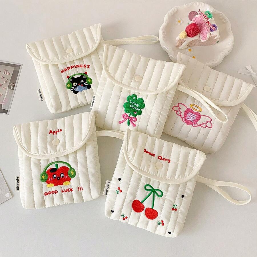 1pc Cute Cream White Quilted Sanitary Pad Storage Bag, Cartoon Embroidered Period Pad Organizer With Handle, Snap Button Flap Mini Makeup Pouch, Fits Lipstick, Hair Clips, Swabs, Portable Multi-Functional Storage Bag For Teenage Girls, Travel, College Dorm, Daily Use,Back To School - Multicolor - View 1