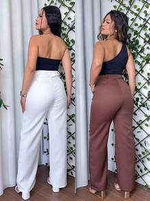 Women's Tailored Wide Leg High-Waisted Straight-Leg Trousers, Elegant Office Casual Pants With Pockets, Set Of 2 - Kit Off 和巧克力 - 查看 2