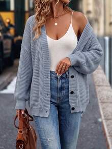 Plus Size Women's Knit Cardigan Long Sleeve Open Front Sweater, Elegant Soft Comfortable Knitwear Fall - Dusty Blue - View 1