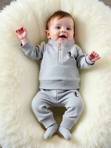 Infant Cartoon Pattern Warm High Neck Sweatshirt Jacket And Sweatpants - Grey - View 6
