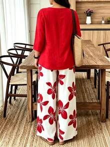 Plus Size Women Casual Loose 2pcs Set Button Solid Color 3/4 Sleeve Top & Printed Wide Leg Pants Red Elegant - Red - View 3