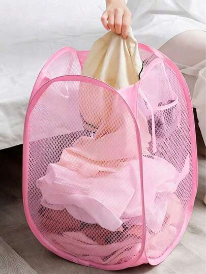 1pc Pink Foldable Mesh Laundry Basket, Large Capacity Portable Dirty Clothes Storage Bin With Handle, Bathroom Laundry Storage Basket, Clothing Storage Bin, Suitable For Home, Bedroom, Bathroom | Space-Saving, Travel, Back To School
