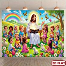 2D Flat Banner Backdrop For Children - Religious Teaching Scene With Rainbow, Butterfly, Animals, Sheep - Suitable For Birthday, Wedding, Sunday School - Multicolor - View 2