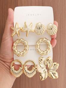 1 Pair/5 Pairs Vintage Metallic Gold Ocean Series Stud Earrings Set, 3D Starfish, Shell, Twisted Ring And Butterfly Multi-Style Plastic Earrings Combination, Suitable For Summer Beach Vacation Y2K Textured Earrings, Women's Gift Item, This Product Is Made Of Plastic - Gold - View 1