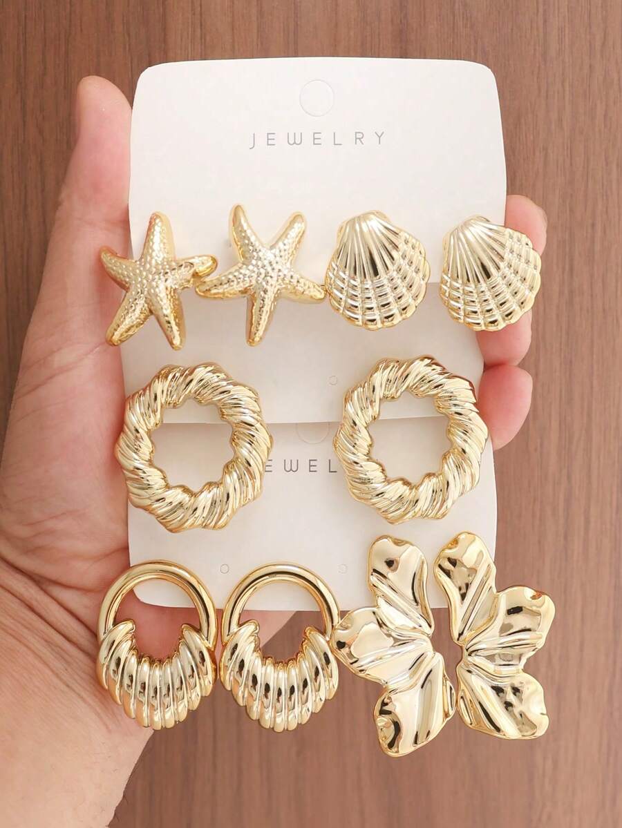 1 Pair/5 Pairs Vintage Metallic Gold Ocean Series Stud Earrings Set, 3D Starfish, Shell, Twisted Ring And Butterfly Multi-Style Plastic Earrings Combination, Suitable For Summer Beach Vacation Y2K Textured Earrings, Women's Gift Item, This Product Is Made Of Plastic - Gold - View 1