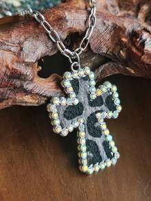 1 buah Kalung Salib Motif Leopard Bulu Kuda Berwarna-warni Rantai Antik dengan Liontin Salib Berhiaskan Berlian Imitasi, Perhiasan Rantai Leher Berlapis Gaya Barat untuk Wanita - kalung - View 13